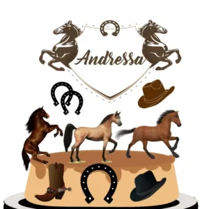 Topo de bolo para imprimir do tema Cavalos em formato Studio para decoração de festa de aniversário.
