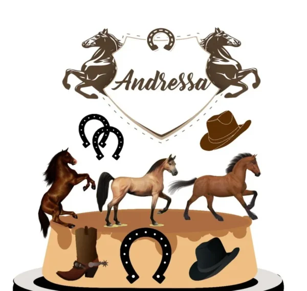Topo de bolo para imprimir do tema Cavalos em formato Studio para decoração de festa de aniversário.