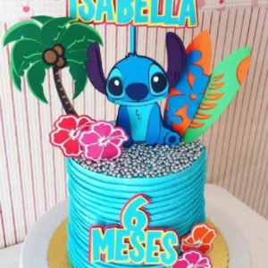 Arquivo digital de topo de bolo no tema Stitch Azul em formato Silhouette Studio para papelaria personalizada.