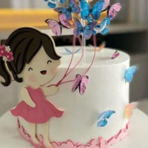 Topo de bolo para imprimir do tema Menina e Borboleta em formato Studio para decoração de festa infantil.
