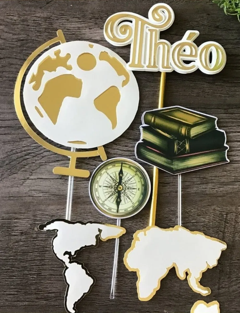 Arquivo digital de topo de bolo masculino no tema Viagem em formato Silhouette Studio para papelaria de festa.