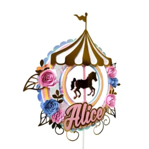 Arquivo digital de topo de bolo no tema Carrossel Encantado nos formatos Silhouette Studio, SVG e PDF.