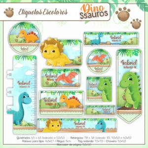 Conjunto de rótulos adesivos escolares em tamanhos variados com dinossauros fofos e coloridos, como um tiranossauro rex e um tricerátops, sobre um fundo dinâmico em tons de verde e terra com folhagens tropicais e pegadas, exibindo linhas de contorno em arquivo digital de corte.
