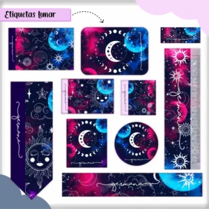 Etiquetas escolares personalizadas com o tema de lua e elementos espaciais para identificação e decoração de cadernos.