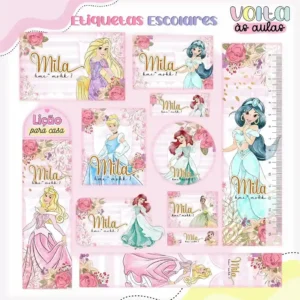Cartela de adesivos escolares personalizados das Princesas Disney, exibindo etiquetas para lápis e cadernos com molduras em tons pastel, coroas e fontes elegantes para os dados da aluna.