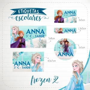 Conjunto de rótulos adesivos circulares e retangulares para identificação com as personagens Elsa e Anna em cenário de inverno com neve caindo, contendo linhas guias de corte em arquivo digital de corte.
