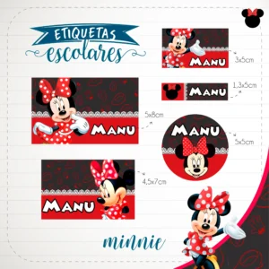 Conjunto de rótulos adesivos escolares em tamanhos variados com a personagem Minnie Mouse espiando de forma divertida atrás de uma moldura clássica com poás em fundo rosa e vermelho, exibindo linhas de contorno em arquivo digital de corte.