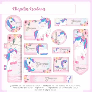 Conjunto de rótulos adesivos escolares em tamanhos variados com um unicórnio fofo de crina arco-íris, nuvens e estrelas brilhantes em fundo pastel degradê, exibindo linhas de contorno em arquivo digital de corte.