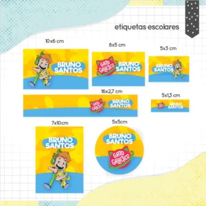 Cartela de etiquetas adesivas personalizadas para material escolar com o tema Gato Galáctico, exibindo molduras coloridas, planetas, o personagem de capuz azul e campos para preenchimento de nome e matéria.