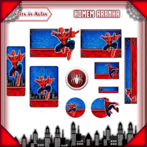 Gabarito digital de rótulo adesivo escolar personalizado com o herói Homem Aranha em pose de ação soltando teias, cercado por texturas de teias e fundo urbano, exibindo linhas de contorno precisas para recorte.