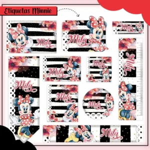 Conjunto de rótulos adesivos escolares em tamanhos variados exibindo a silhueta clássica com as orelhas da Minnie Mouse e seu icônico laço em um fundo delicado e decorado, exibindo linhas de contorno em arquivo digital de corte.
