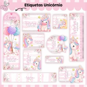 Conjunto de rótulos adesivos escolares em tamanhos variados com um unicórnio fofo de crina arco-íris, nuvens e estrelas brilhantes em fundo pastel degradê, exibindo linhas de contorno em arquivo digital de corte.