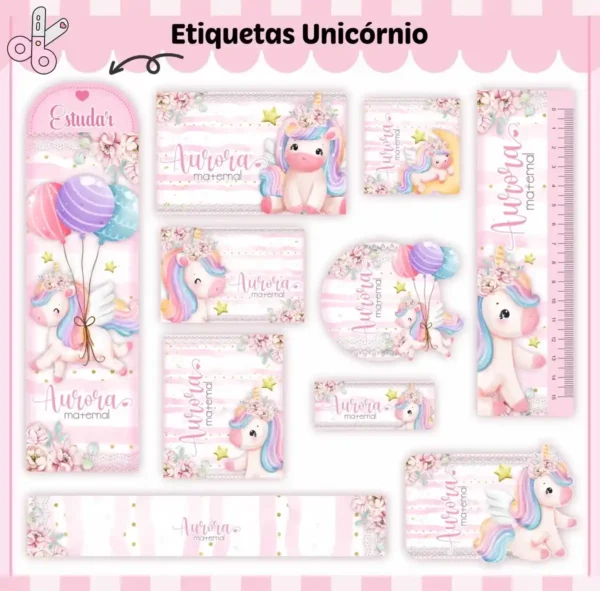 Conjunto de rótulos adesivos escolares em tamanhos variados com um unicórnio fofo de crina arco-íris, nuvens e estrelas brilhantes em fundo pastel degradê, exibindo linhas de contorno em arquivo digital de corte.