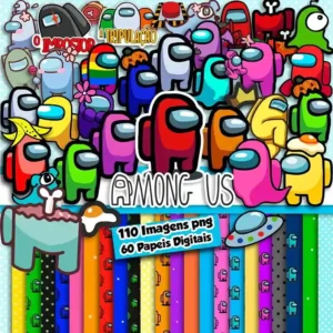 Pack de arquivos digitais do tema Among Us, exibindo amostras de papéis estampados com personagens coloridos e texturas de naves espaciais, além de cliparts em formato PNG de alta resolução com fundo transparente.