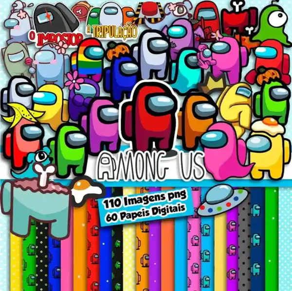 Pack de arquivos digitais do tema Among Us, exibindo amostras de papéis estampados com personagens coloridos e texturas de naves espaciais, além de cliparts em formato PNG de alta resolução com fundo transparente.