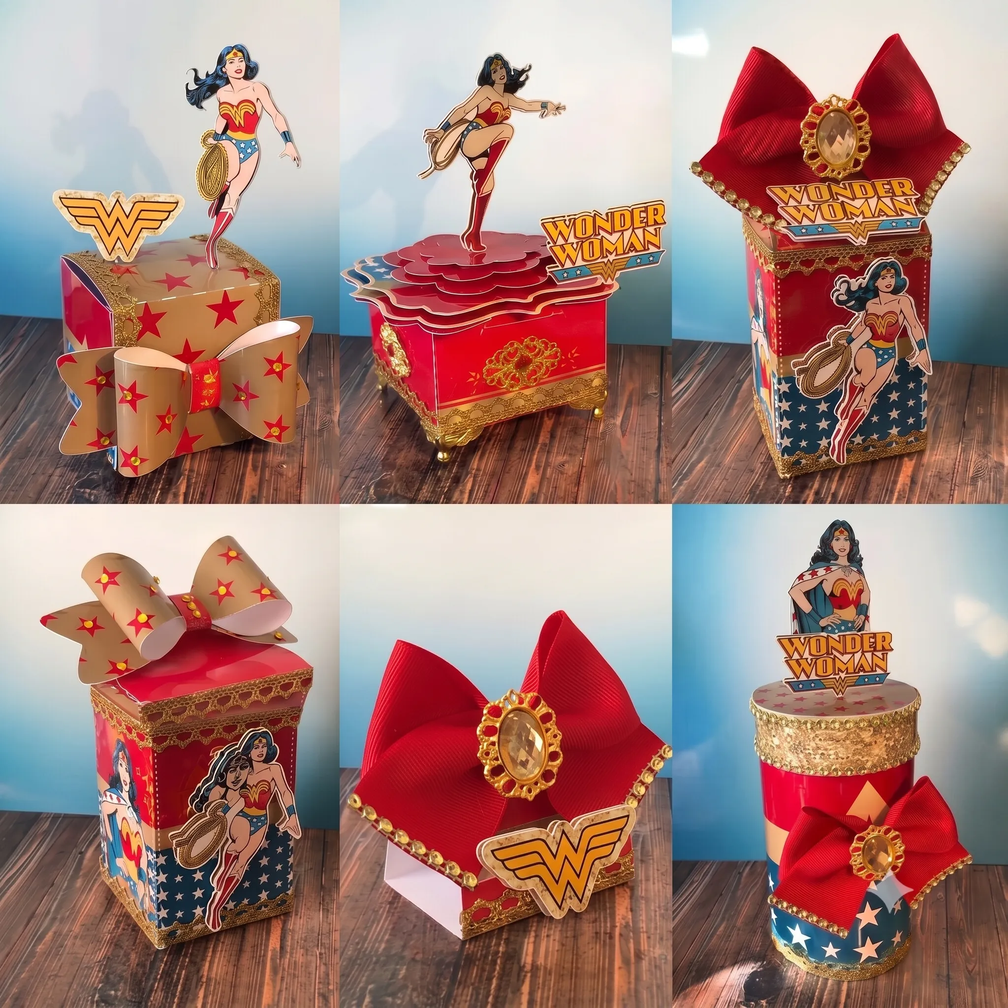 Topper de bolo com o símbolo da Mulher Maravilha, estrelas douradas e tiara real em camadas tridimensionais azuis e vermelhas para decoração de festa infantil em arquivo digital de corte.