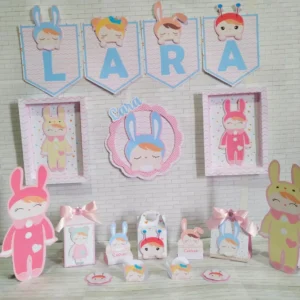 Kit de personalizados e topper para decoração de festa infantil tema Boneca Metoo em arquivo digital.