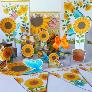 Kit de personalizados e topper para decoração de festa simples tema Girassol em arquivo digital.