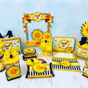 Elementos decorativos e topper para decoração de festas com o tema Girassol em Studio e PDF.