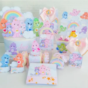 Segundo gabarito digital para personalizados de festa de aniversário dos Ursinhos Carinhosos com balões e estrelas cadentes, exibindo marcações estruturadas para dobras e recorte limpo.
