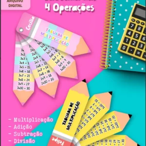Arquivo digital de chaveiro de tabuada com versões temáticas para menina e menino em formato PNG, exibindo fichas coloridas e ilustradas com personagens infantis e operações de matemática.