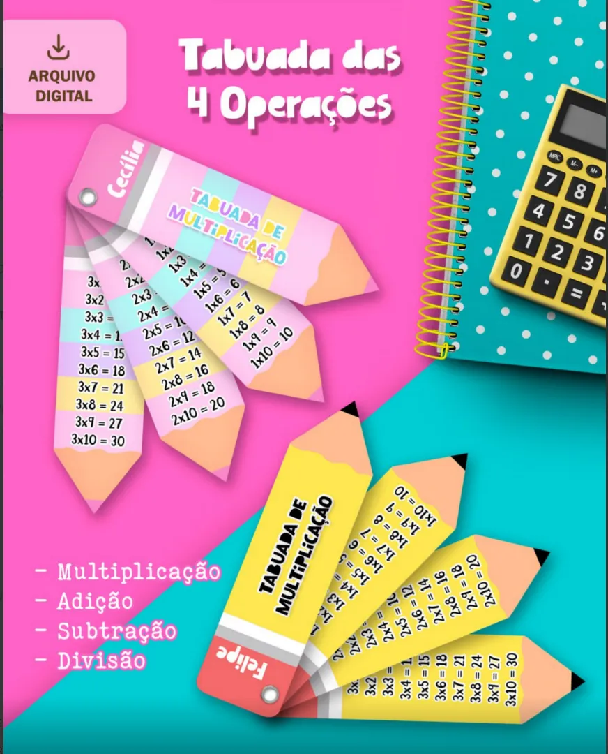Arquivo digital de chaveiro de tabuada com versões temáticas para menina e menino em formato PNG, exibindo fichas coloridas e ilustradas com personagens infantis e operações de matemática.