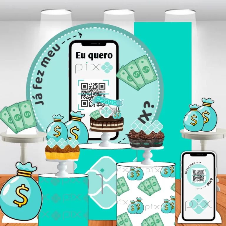 Ilustração digital divertida com a frase humorística "Me Faz Um Pix" escrita em letras gordinhas e coloridas, decorada com miniaturas de cédulas de dinheiro voando e o símbolo do Pix nas laterais em camadas tridimensionais em arquivo digital.