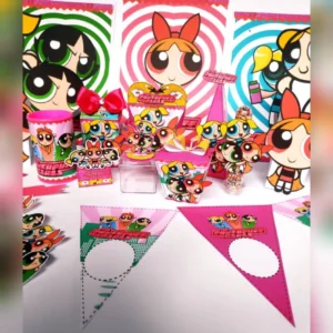 Moldes digitais em alta resolução do tema As Meninas Superpoderosas para papelaria personalizada e decoração de mesa de aniversário.