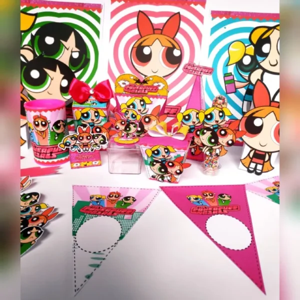 Moldes digitais em alta resolução do tema As Meninas Superpoderosas para papelaria personalizada e decoração de mesa de aniversário.