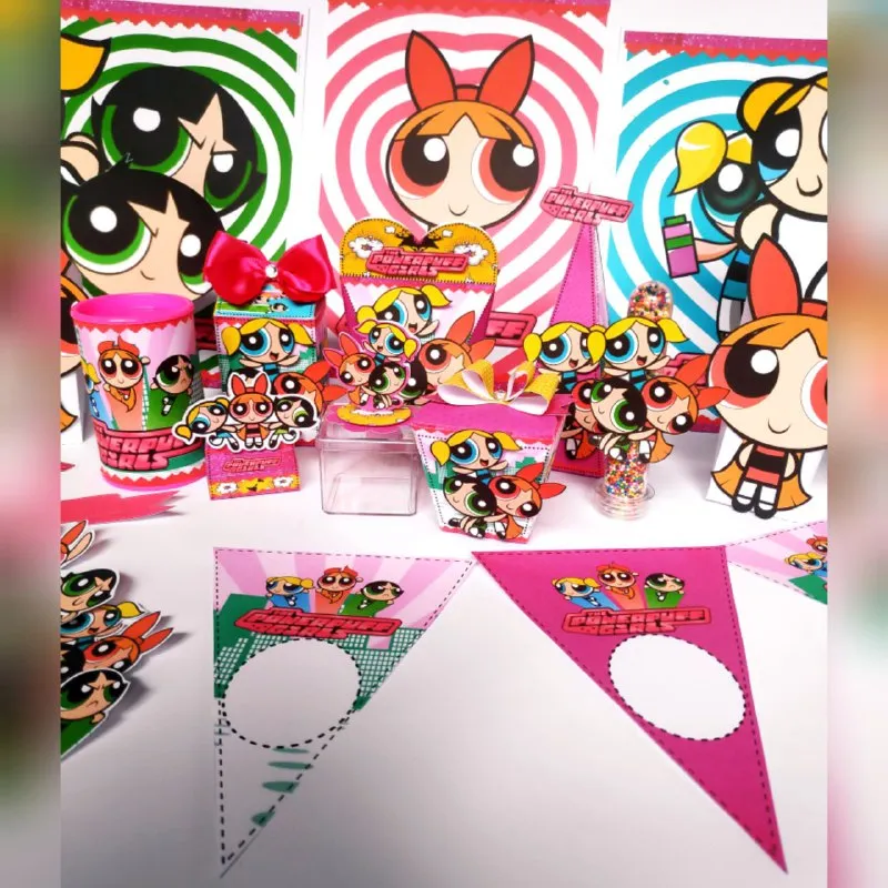 Moldes digitais em alta resolução do tema As Meninas Superpoderosas para papelaria personalizada e decoração de mesa de aniversário.