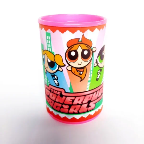 Topper de bolo com as heroínas de Townsville em camadas tridimensionais com elementos de estrelas e corações para decoração de festas.