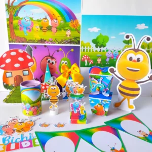 Topper de bolo com os personagens fofos do Bichikids em camadas tridimensionais para decoração de festas e aniversários de bebés.