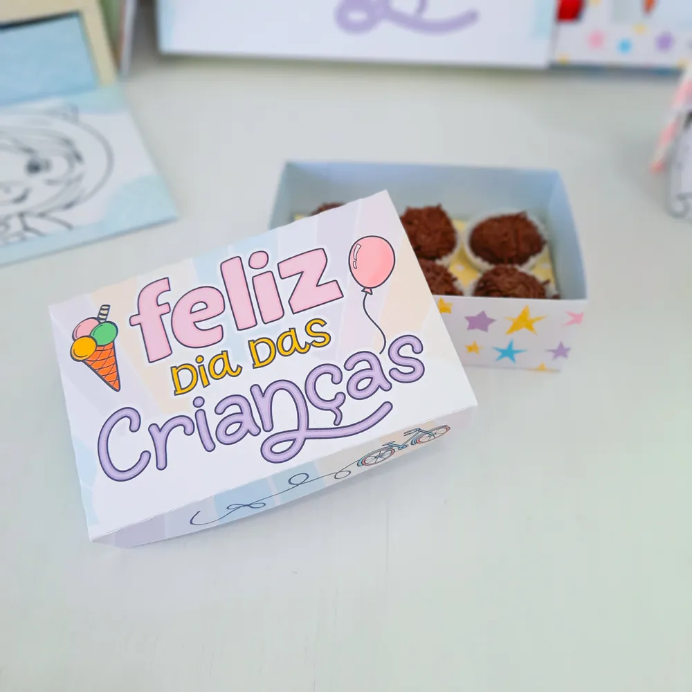 Enfeites, tags e embalagens de presentes do Dia das Crianças nos formatos Studio e PDF.