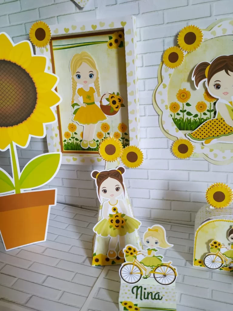 Elementos decorativos e topper para decoração de festas com o tema Girassol em Studio e PDF.