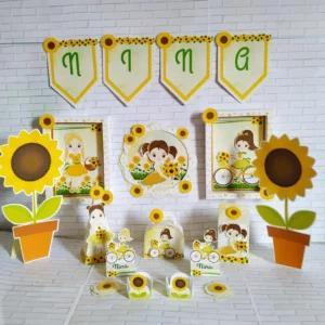 Kit de personalizados e topper para decoração de festa tema Girassol em arquivo digital de corte.