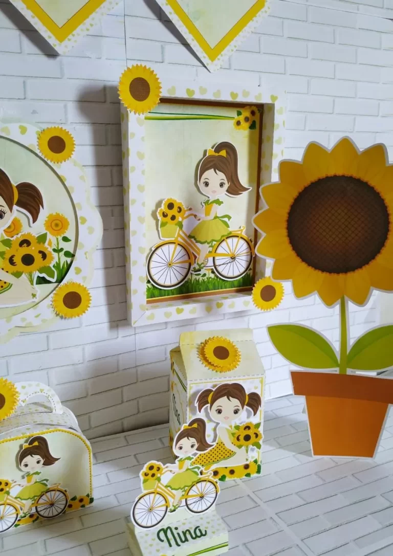 Kit digital de decoração para festas com topper e temas florais de Girassol.