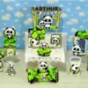 Kit de personalizados e topper de bolo com panda fofo de gravata azul e bambus para decoração de festa infantil em arquivo digital de corte.