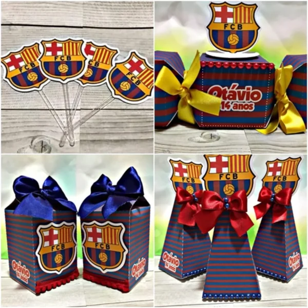 Arquivo de corte digital do tema Barcelona em formato Studio para Silhouette, exibindo o brasão do clube de futebol, listras verticais em azul e grená e elementos para composição de camadas organizadas para recorte.