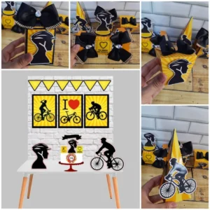 Topper de bolo e elementos de bicicleta para decoração de festa com tema ciclismo em arquivo digital de corte.