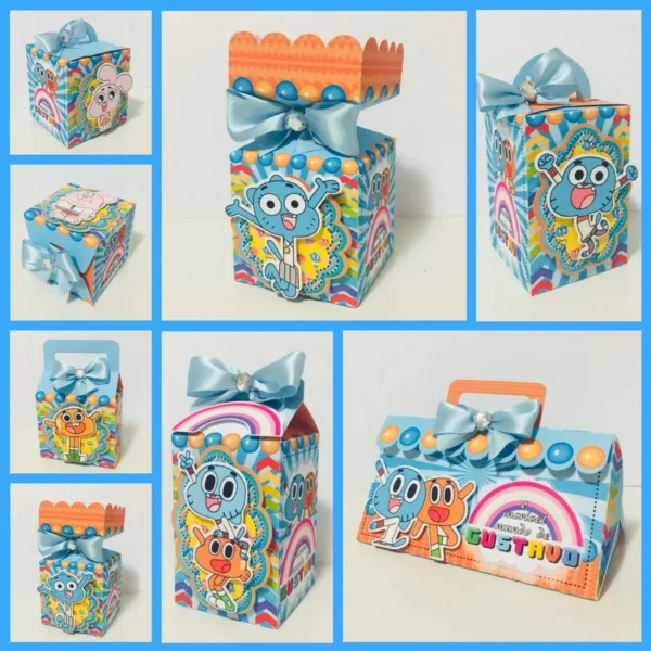 Molde digital de caixinha de papel em tons de azul-claro com as expressões ilustradas dos personagens Gumball e Darwin, exibindo apliques em camadas tridimensionais com o logotipo do desenho.