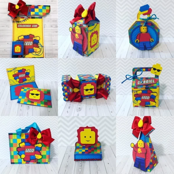 Topper de bolo e apliques coloridos para decoração de festas tema Lego em arquivo digital Studio.