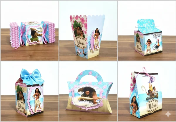 Enfeites, tags e embalagens de mimos da Moana prontos para abrir no Silhouette Studio.