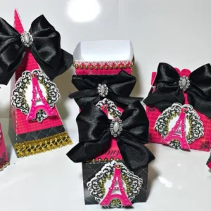 Topper de bolo e elementos decorativos com a Torre Eiffel e silhuetas de Paris para decoração de festa em arquivo digital de corte.