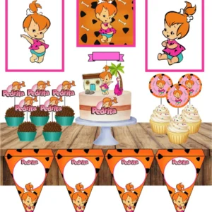 Topper de bolo com a personagem Pedrita Baby usando seu vestido de estampa de oncinha e um osso no cabelo preso, cercada por elementos da Idade da Pedra em camadas tridimensionais para decoração de festa em arquivo digital de corte.