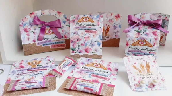 Molde digital de topo de bolo e caixa presente para o Dia da Mulher em formato de corte tridimensional, exibindo flores e contornos femininos na tela de edição.