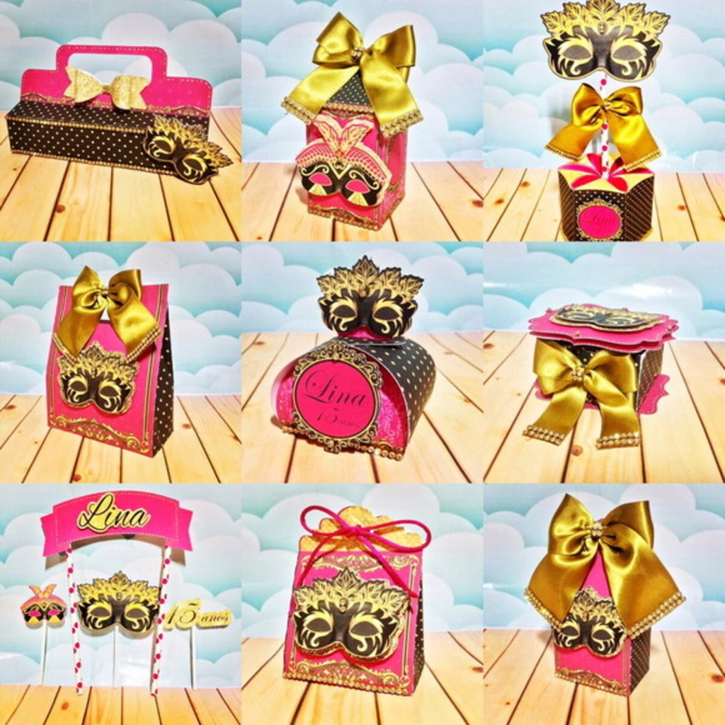 Moldes digitais de topo de bolo e apliques no tema baile de máscaras para Silhouette Studio.