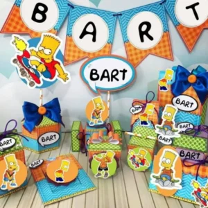 Topper de bolo com o personagem Bart Simpson sorridente andando de skate sobre uma rampa urbana com grafites coloridos, exibindo seu contorno amarelo clássico e cabelos espetados em camadas tridimensionais em arquivo digital de corte.