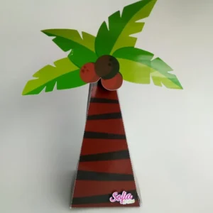Gabarito digital de caixinha personalizada em formato de cone com aplique tridimensional de coqueiro no topo, exibindo linhas precisas de corte e marcações de vinco para montagem perfeita em arquivo digital de corte.