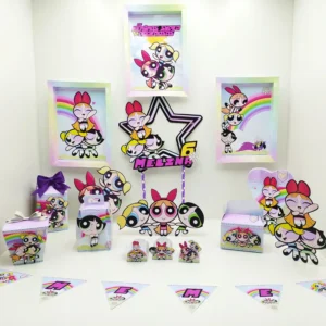 Molde digital de caixinhas e toppers das Meninas Superpoderosas para decoração de festas.