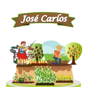 Topper de bolo rústico com um trator verde detalhado cruzando um campo arado ao fundo, cercado por espigas de milho maduras e ramos de trigo dourados dispostos em camadas tridimensionais em arquivo digital de corte.
